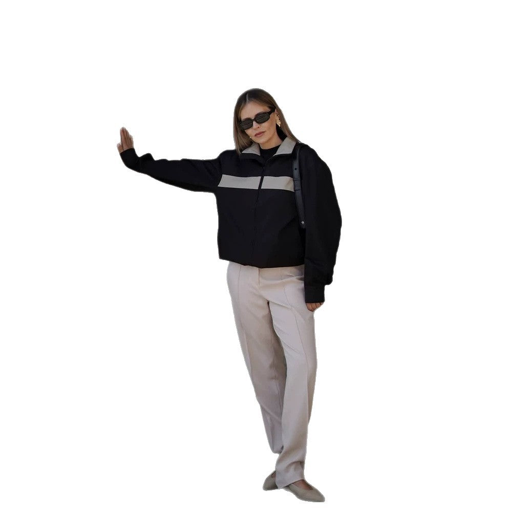 Damen Cropped Bomberjacke mit Kontraststreifen, Stehkragen und kastiger Silhouette Shop Nory