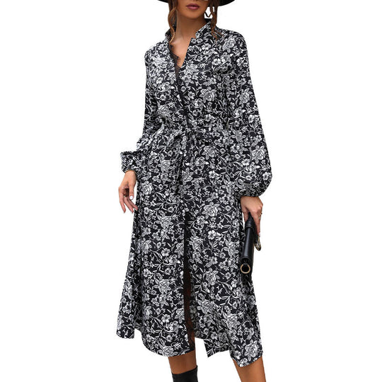 Damen Midikleid mit Spitzenbesatz am Ausschnitt, verdeckter Knopfleiste, Taillenbindegürtel & floralem Allover-Print Shop Nory