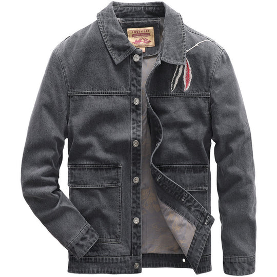 Herren Jeansjacke im Worker‑Stil mit gesticktem Feder‑Motiv und Innensatinfutter Shop Nory