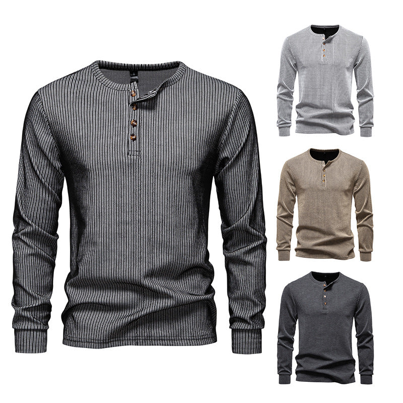Herren Slim-Fit Gerippter Henley-Langarmpullover mit Rundhalsausschnitt und Knopfleiste Shop Nory