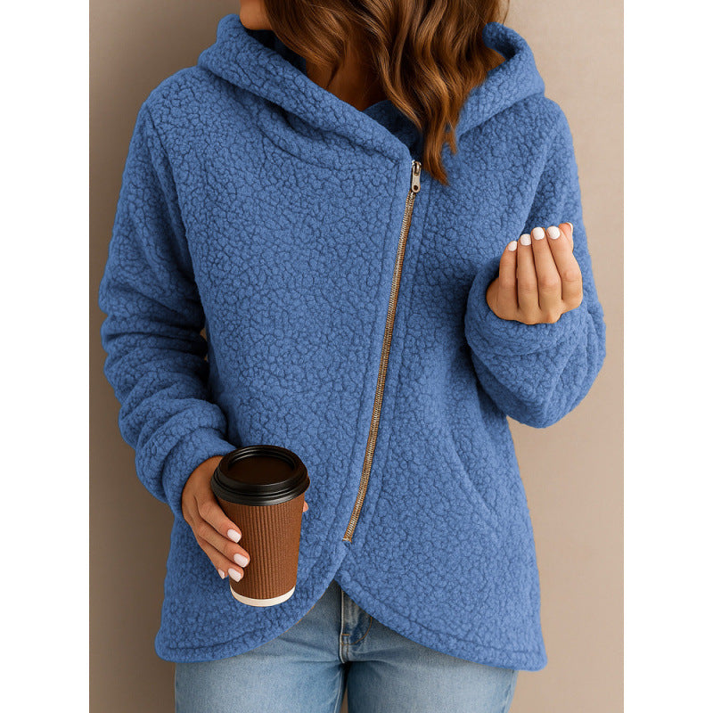 Damen Teddy-Fleecejacke mit asymmetrischem Reißverschluss, Kapuze und gewelltem Saum Shop Nory