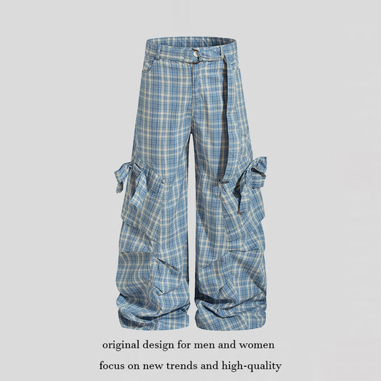 Damen karierte hochgeschnittene Cargo-Hose mit weitem Bein und Volant-Taschen Shop Nory