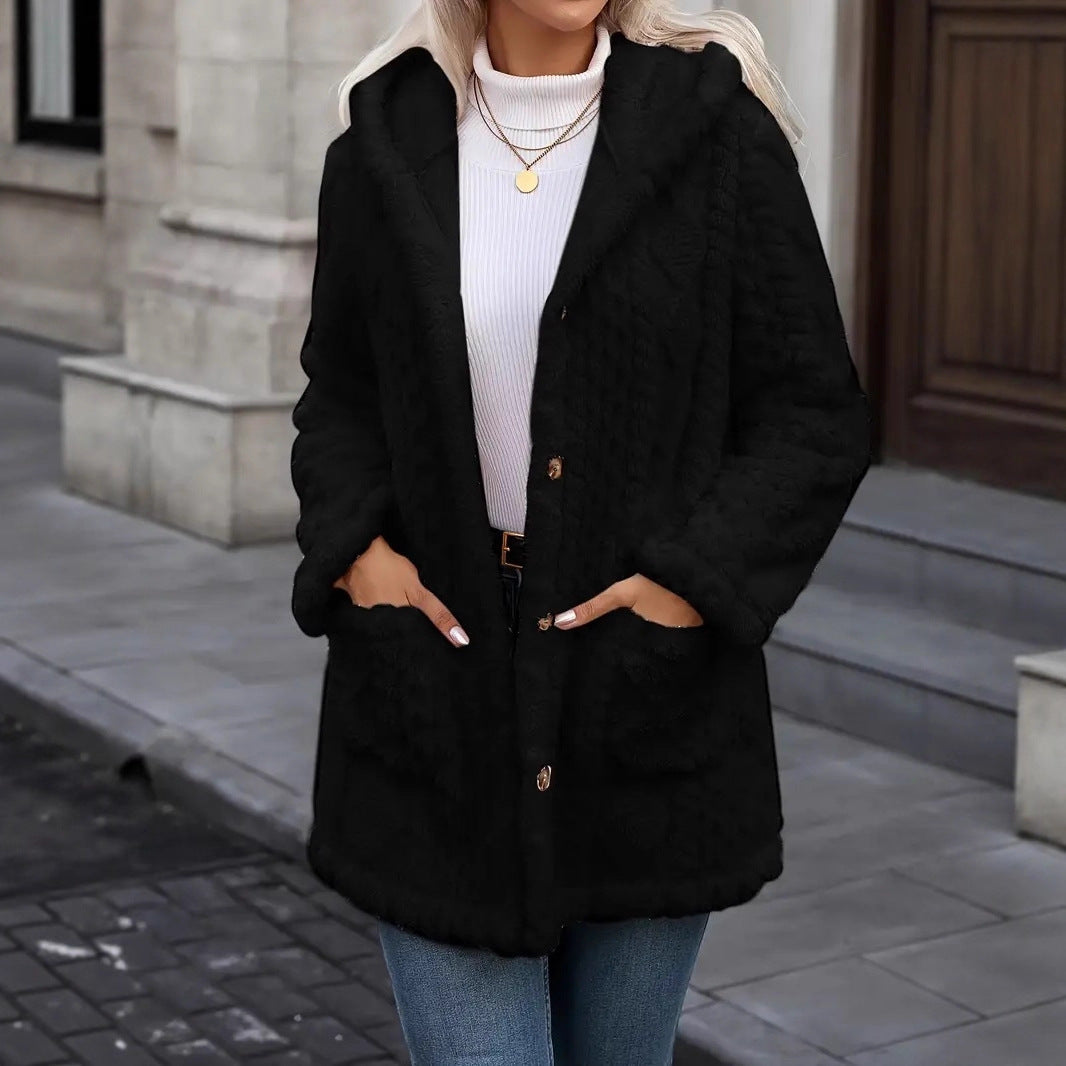 Damen Kuschelige Teddyjacke mit Kapuze, Knopfleiste und aufgesetzten Taschen Shop Nory