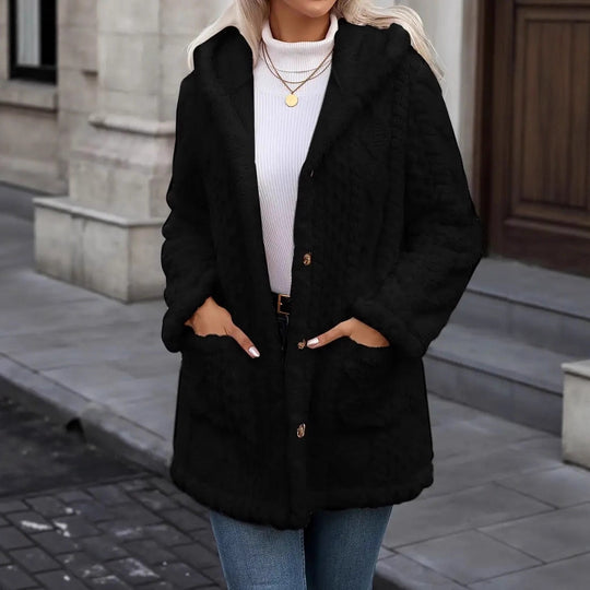 Damen Kuschelige Teddyjacke mit Kapuze, Knopfleiste und aufgesetzten Taschen Shop Nory
