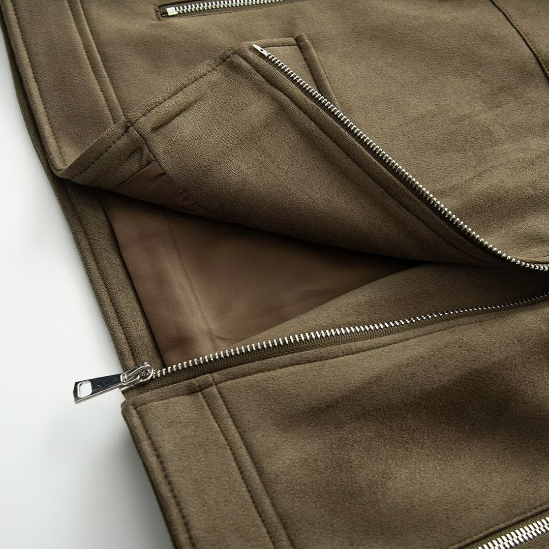 Damen Asymmetrische Veloursleder‑Optik Bikerjacke mit Stehkragen und Zippern Shop Nory