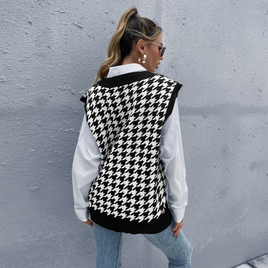 Damen Oversize Strickweste mit Hahnentrittmuster und V-Ausschnitt Shop Nory