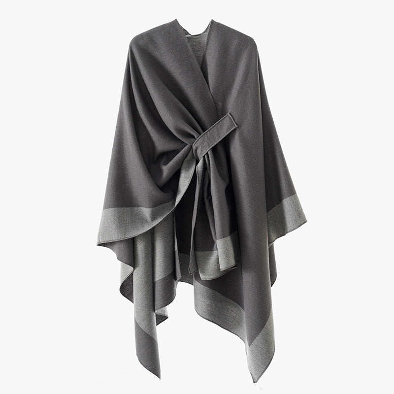 Damen Weicher Strickponcho mit Gürtel und Kontrastkante Shop Nory