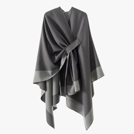 Damen Weicher Strickponcho mit Gürtel und Kontrastkante Shop Nory