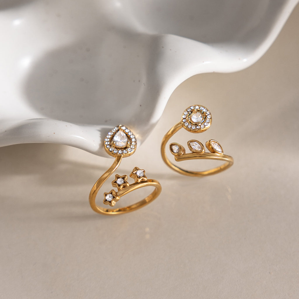 Damen Offener Ring mit funkelnden Sternen und tropfenförmigem Zirkonia Shop Nory