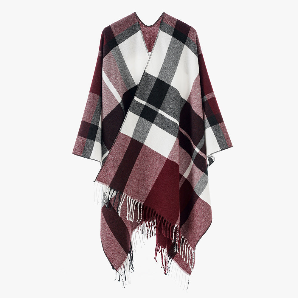 Damen Oversize-Karoponcho aus weichem Wollmix mit Fransensaum Shop Nory