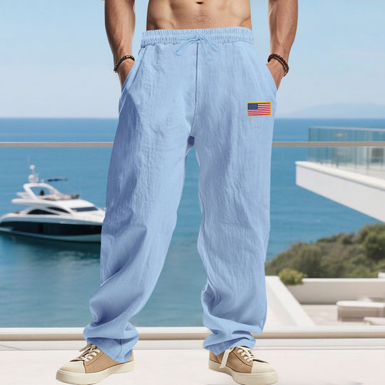 Herren Maritime Relaxed‑Fit Leinenoptik-Freizeithose mit Tunnelzug & Flaggen-Patch Shop Nory