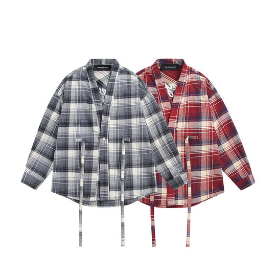 Damen Oversize Karo-Hemdjacke mit Kimono‑Schnitt, Tunnelzugbändern und aufgesetzten Taschen Shop Nory
