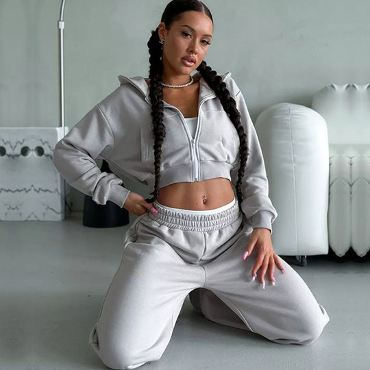 Damen Sportliches Zipper Hoodie und weite Jogginghose Set