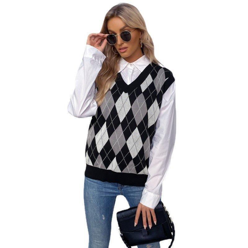 Damen Argyle-Strickweste mit V-Ausschnitt und lässiger Oversize-Passform Shop Nory