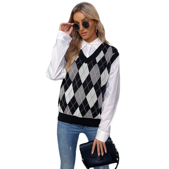 Damen Argyle-Strickweste mit V-Ausschnitt und lässiger Oversize-Passform Shop Nory
