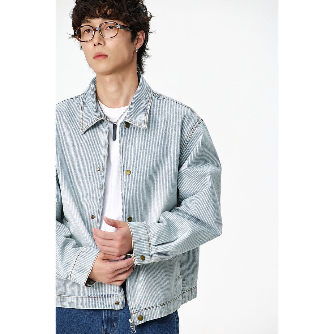 Unisex Gestreifte Oversize-Denimjacke im Worker-Stil mit Stehkragen und Zwei-Wege-Reißverschluss Shop Nory