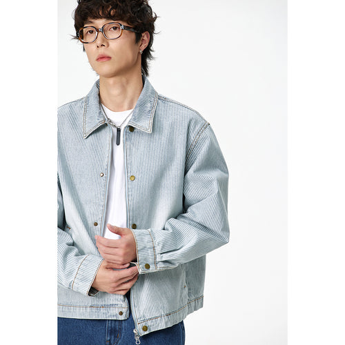 Unisex Gestreifte Oversize-Denimjacke im Worker-Stil mit Stehkragen und Zwei-Wege-Reißverschluss Shop Nory