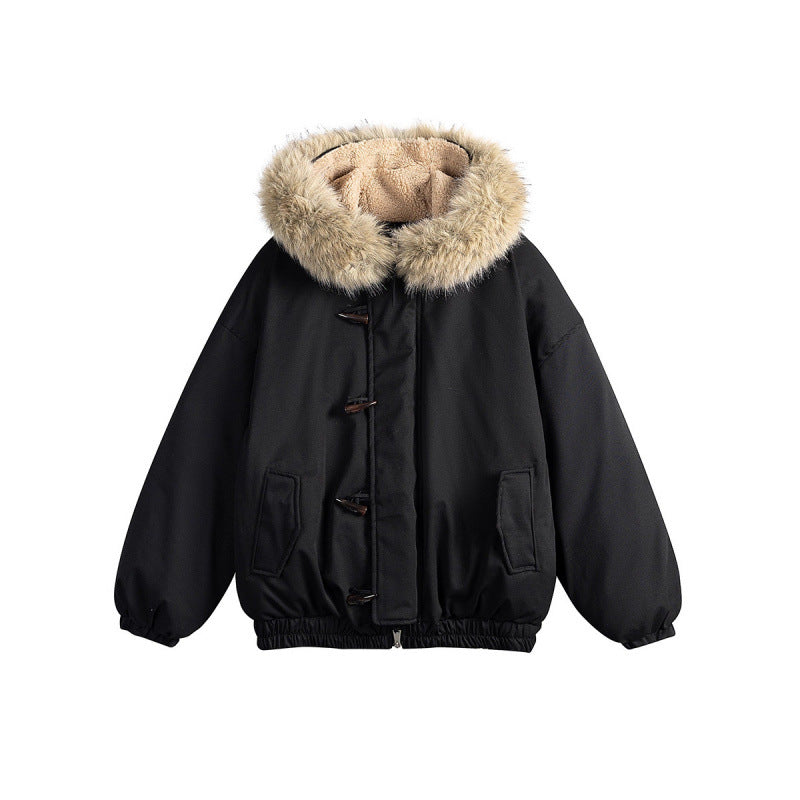 Unisex Gepolsterte Kapuzenjacke im Boxy‑Cut mit Teddyinnenfutter, Kunstfellkragen und Knebelverschlüssen Shop Nory