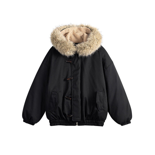 Unisex Gepolsterte Kapuzenjacke im Boxy‑Cut mit Teddyinnenfutter, Kunstfellkragen und Knebelverschlüssen Shop Nory