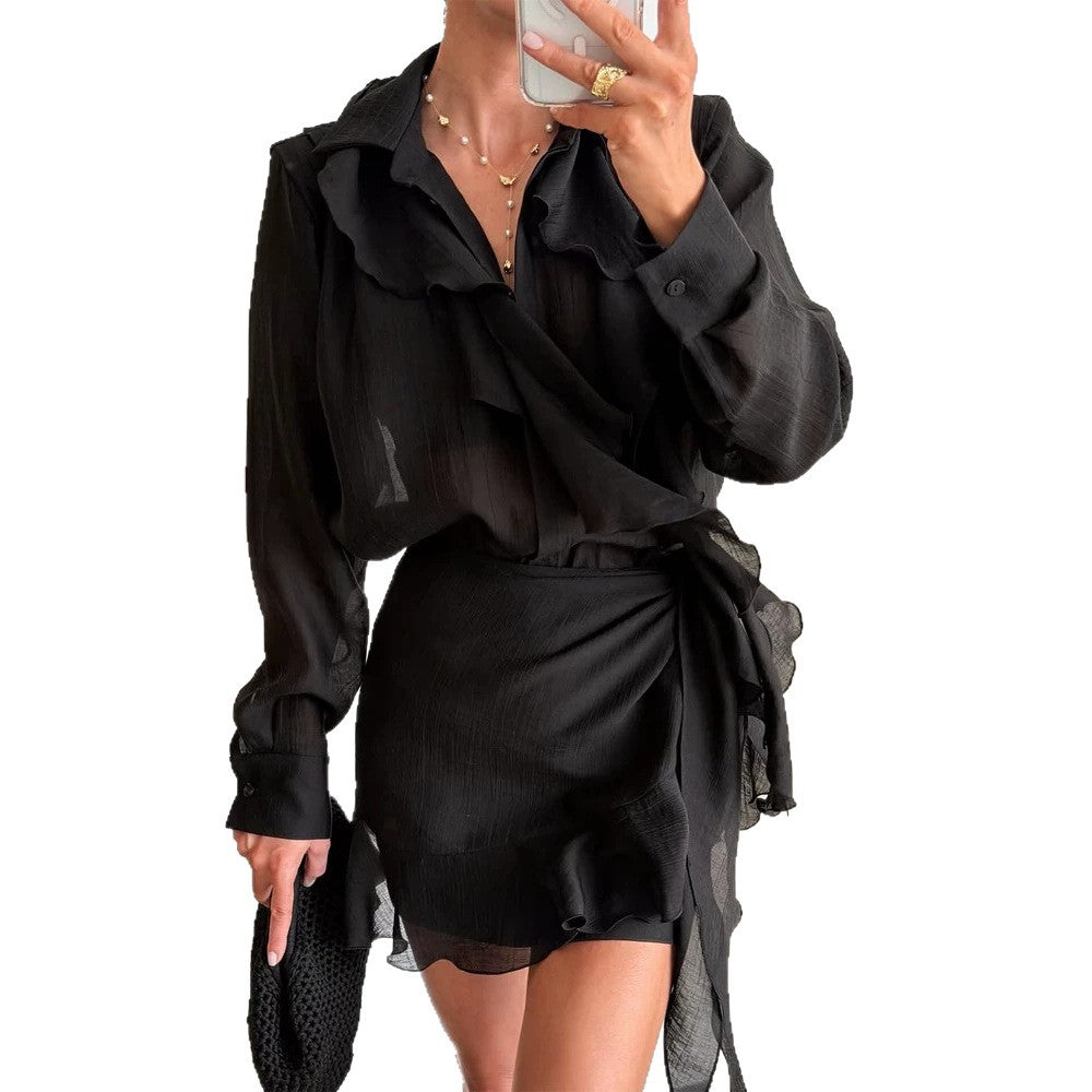 Damen Zweiteiliges feines Crinkle-Chiffon-Set mit Hemdbluse und Wickel-Volant-Minirock Shop Nory