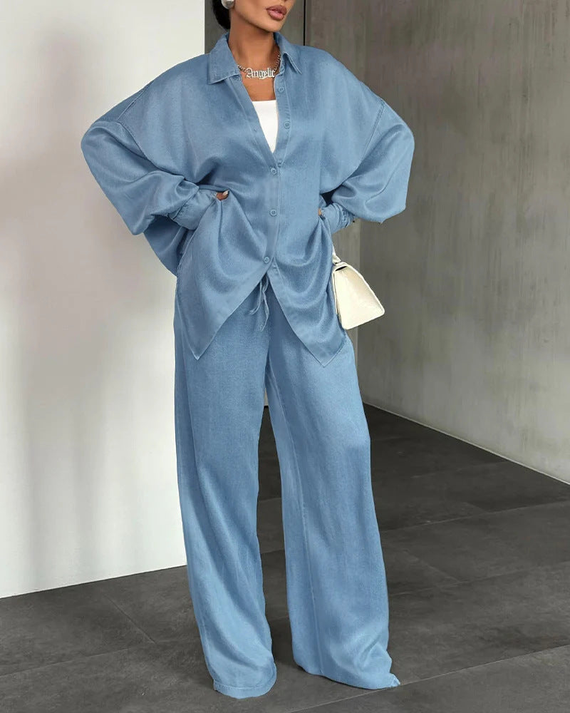 Damen Zweiteiliges Oversize-Hemd- und Palazzo-Set im fließenden Denim-Look Shop Nory