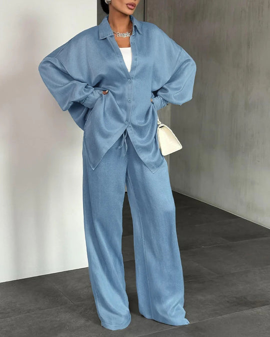 Damen Zweiteiliges Oversize-Hemd- und Palazzo-Set im fließenden Denim-Look Shop Nory