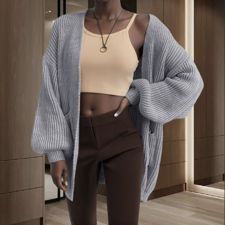 Damen Großer Strickjacke mit voluminösen Ärmeln und praktischen Taschen
