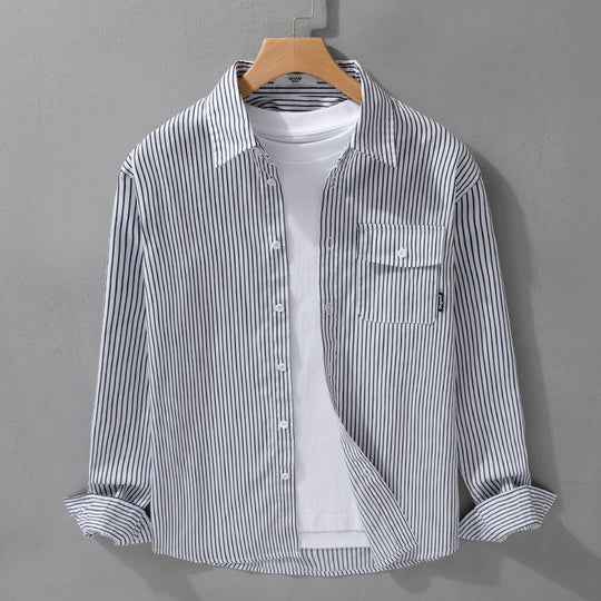 Herren Leichtes gestreiftes Hemdjacken-Overshirt aus Baumwoll-Leinenmix mit Brusttasche Shop Nory