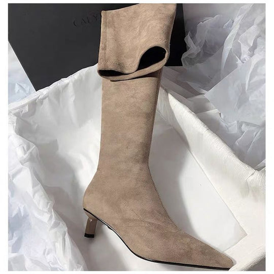 Damen Kniestiefel mit Umschlagschaft, spitzer Zehenform und Kitten‑Absatz Shop Nory