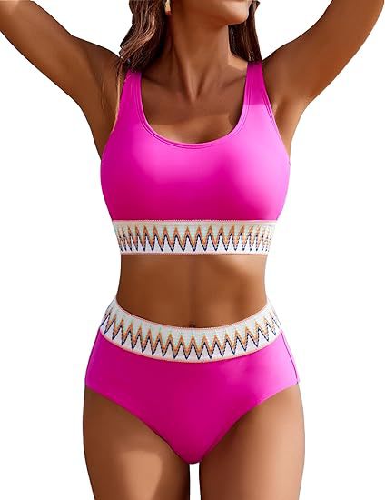Damen Hochgeschnittener Sport-Bikini mit farbigem Bund