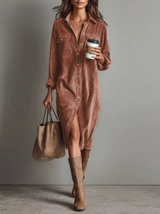 Damen Hemdblusenkleid aus Cord mit Brusttaschen, Knopfleiste und Schlitze Shop Nory