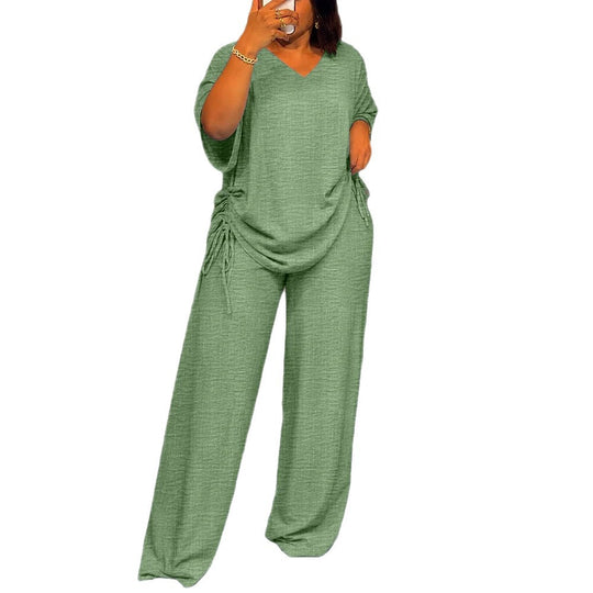 Damen Oversize-Lounge-Set mit V-Ausschnitt, seitlicher Raffung und weiter Palazzohose Shop Nory
