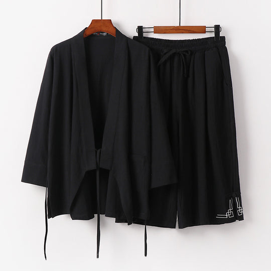 Damen Zen-Kimono-Lounge-Set aus atmungsaktivem Baumwollmix mit Bindebandjacke und weiten Culotte-Hose Shop Nory