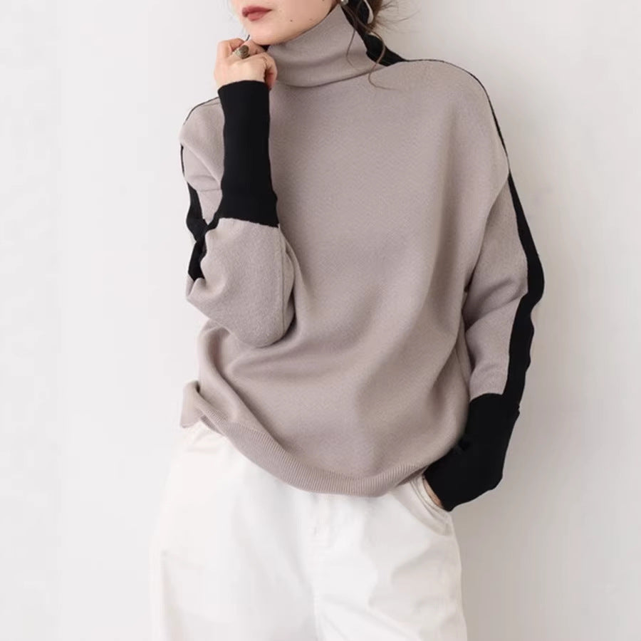 Damen Rollkragen-Feinstrickpullover mit weiten Raglanärmeln und Kontraststreifen Shop Nory