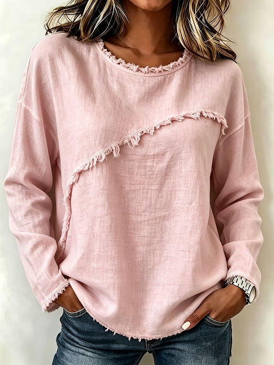 Damen Legeres Longsleeve mit diagonaler Fransenapplikation und ausgefranstem Rundhals Shop Nory