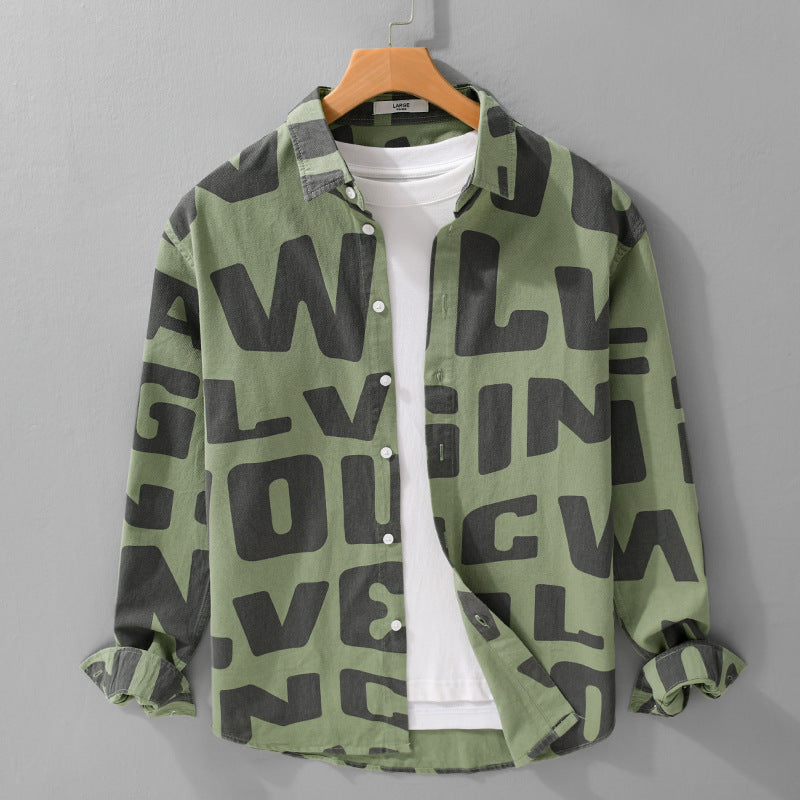 Herren Baumwoll-Overshirt mit Allover-Lettering-Print, Relaxed-Fit und Kentkragen Shop Nory