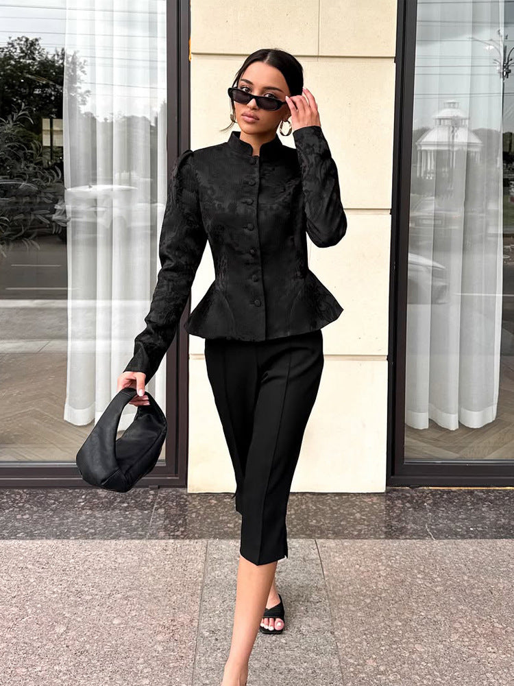 Damen Taillierter Jacquard-Blazer mit Stehkragen, Puffärmeln und Schößchen Shop Nory