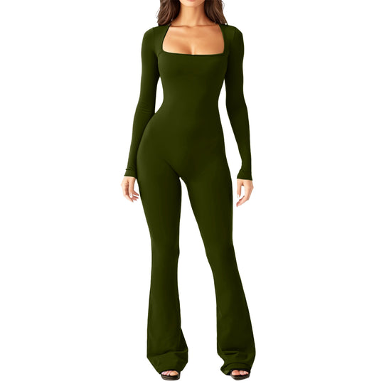 Damen figurbetontes Jumpsuit mit quadratischem Ausschnitt, langen Ärmeln und ausgestellt Bein Shop Nory