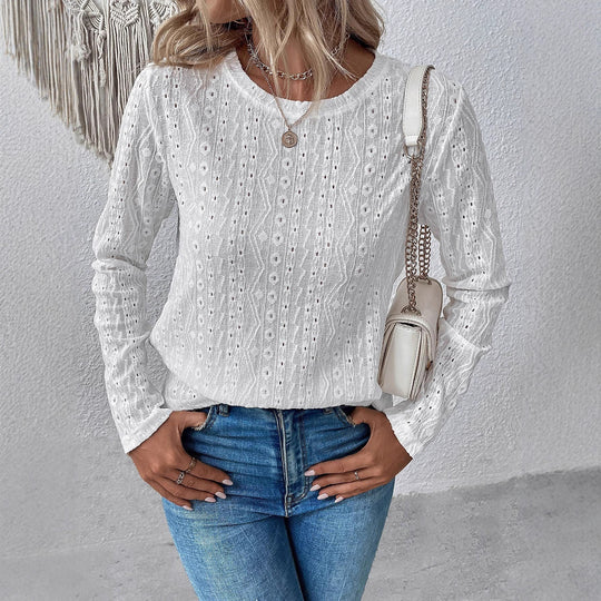 Damen Spitzenbluse mit Lochstickerei, langer Arm und Rundhalsausschnitt Shop Nory