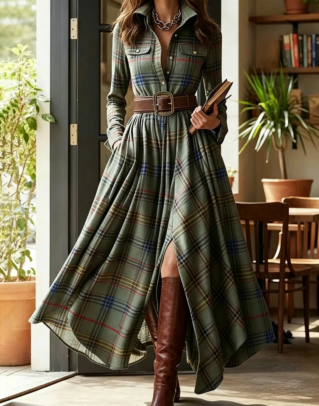 Damen nan karierte Maxikleid Hemdblusenkleid mit ausgestelltem Rock und breitem Taillengürtel Shop Nory
