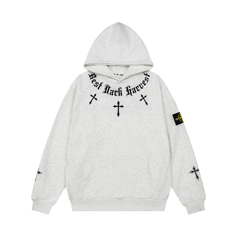 Unisex Oversize Kapuzenpullover mit Gothic-Kreuz-Print, Kängurutasche und Rippbündchen Shop Nory