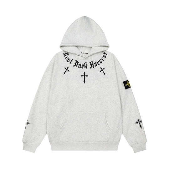 Unisex Oversize Kapuzenpullover mit Gothic-Kreuz-Print, Kängurutasche und Rippbündchen Shop Nory