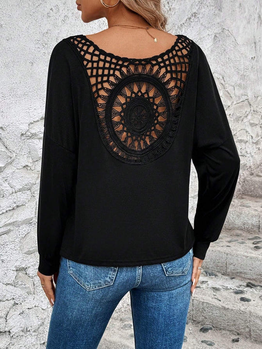 Damen Langarm T-Shirt mit dekorativem Häkelrücken