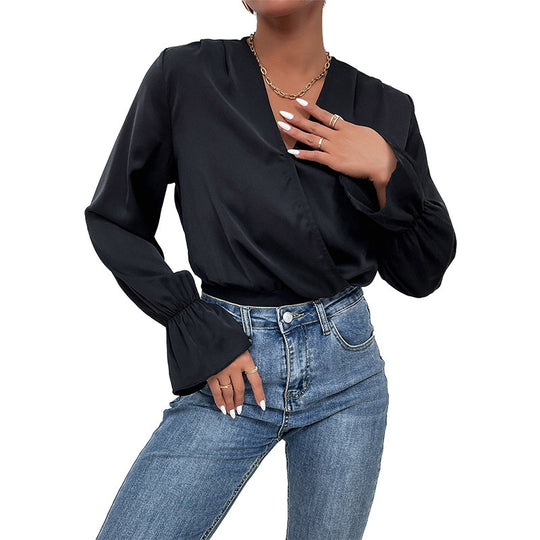 Damen Satin-Body mit Wickeloptik, V-Ausschnitt, elastischer Taillenpartie und Volantärmeln Shop Nory