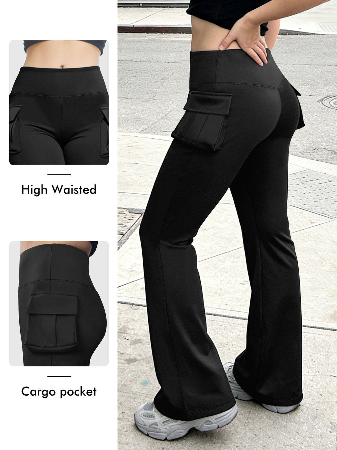 Damen Cargo Flared Leggings mit hoher Taille und aufgesetzter Tasche Shopy Nory