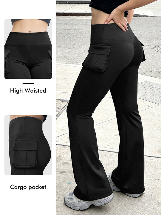 Damen Cargo Flared Leggings mit hoher Taille und aufgesetzter Tasche Shopy Nory