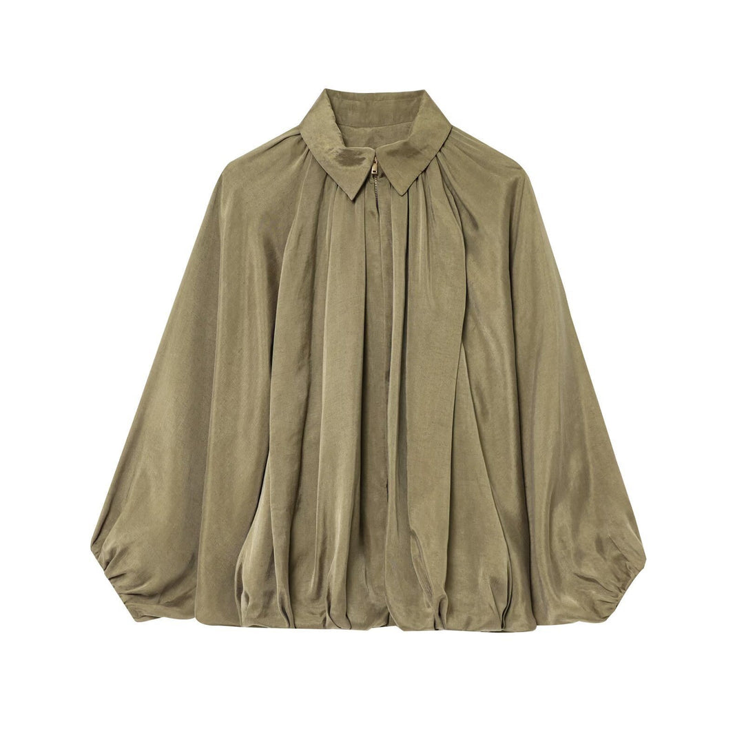 Damen Oversize-Hemdbluse mit Reißverschluss, Kräuselung und Ballonärmeln Shop Nory