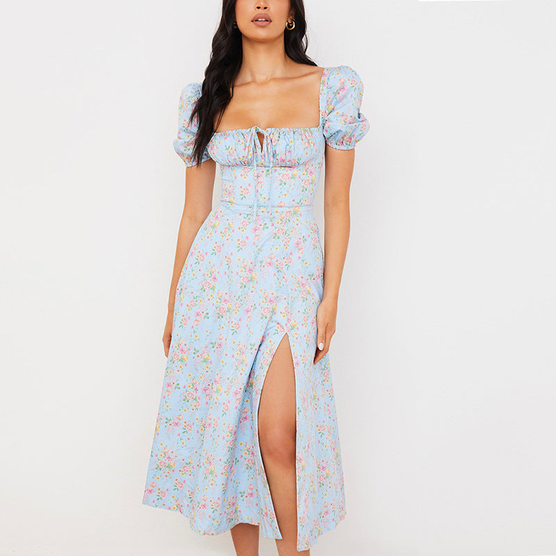 Damen Maxi-Kleid mit Puffärmeln und floralem Design