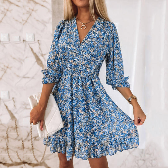 Damen Leichtes Blumen-Minikleid mit V-Ausschnitt, geraffter Taille und Volantbesatz Shop Nory