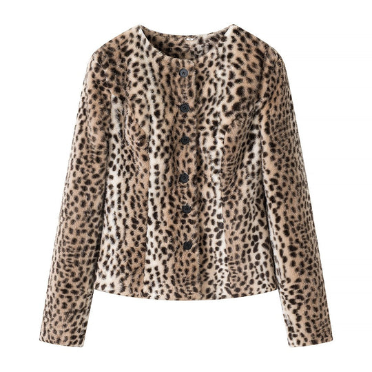 Damen Kurzjacke aus Kunstfell mit Leopardenmuster und Knopfleiste Shop Nory